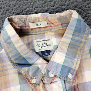 J. Crew Slim Fit Shirt Mens L Large Plaid Button Long Sleeve  Beige Blue